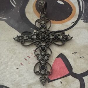 Vintage-Inspired Black and Silver Cross Pendant Necklace